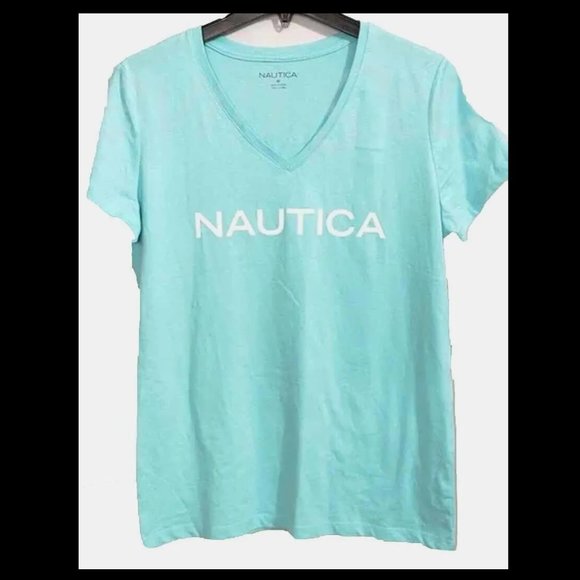 NWT Nautica Women's Short Sleeve Navy Striped V-Neck T-Shirt Size S $45 Z943 - Picture 1 of 1